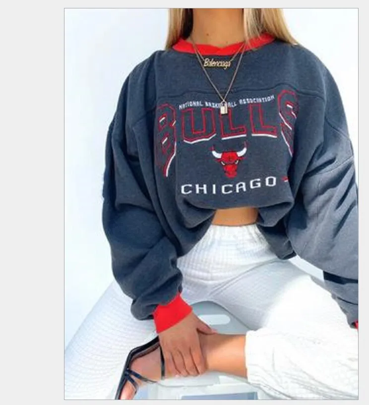 woloong Vintage Letter Print Autumn New Thin Crewneck Sweatshirt Women Fashion Tops Loose Long Sleeve Casual Girl Plus Size French Style