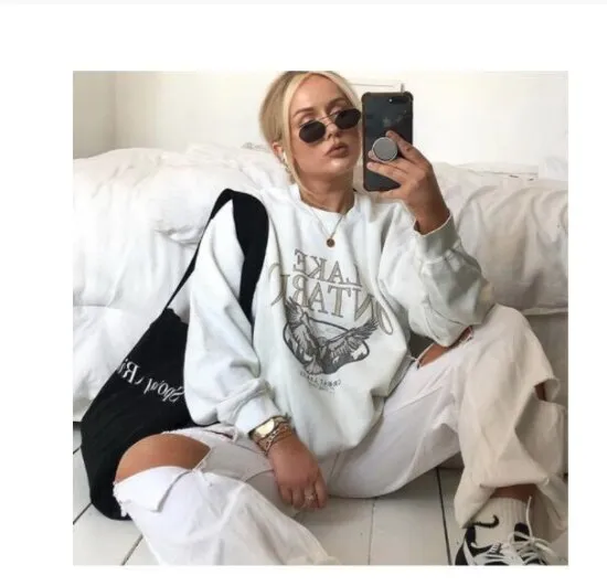 woloong Vintage Letter Print Autumn New Thin Crewneck Sweatshirt Women Fashion Tops Loose Long Sleeve Casual Girl Plus Size French Style