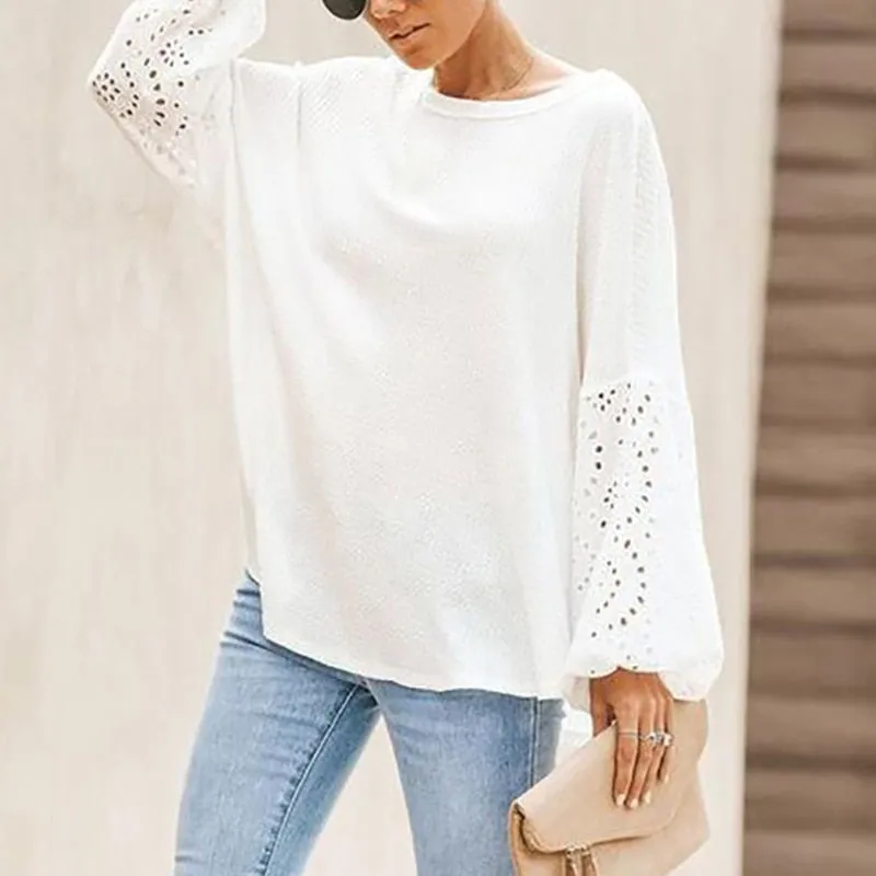 Women Floral Hollow Out Blouse Shirt Plus Size