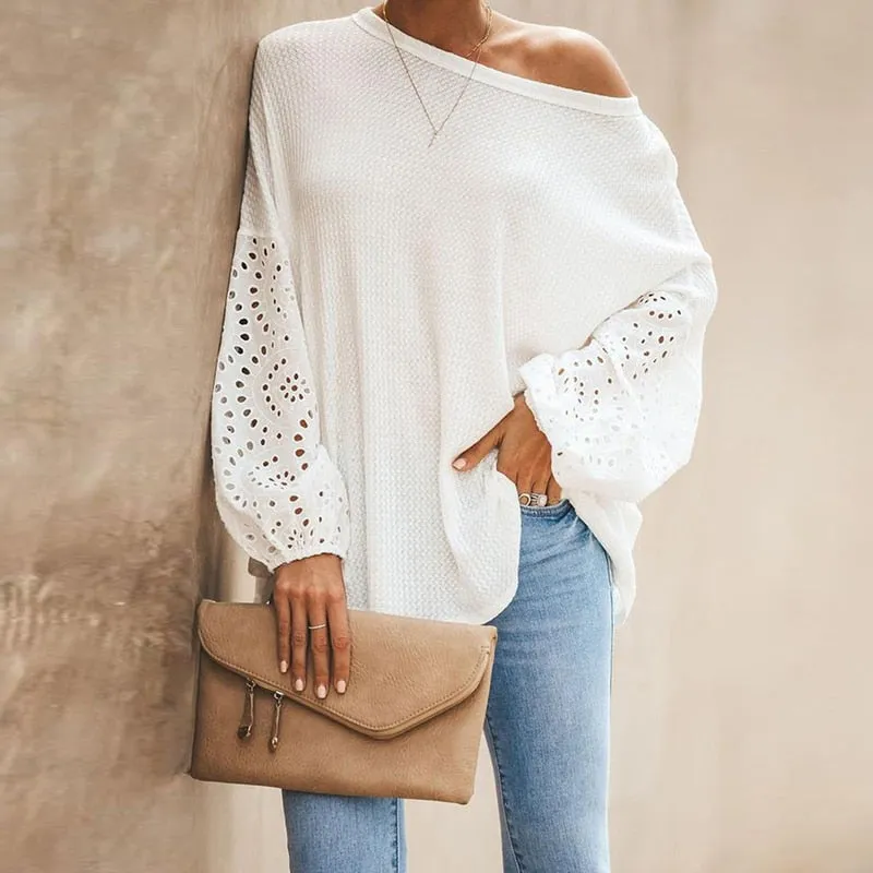 Women Floral Hollow Out Blouse Shirt Plus Size
