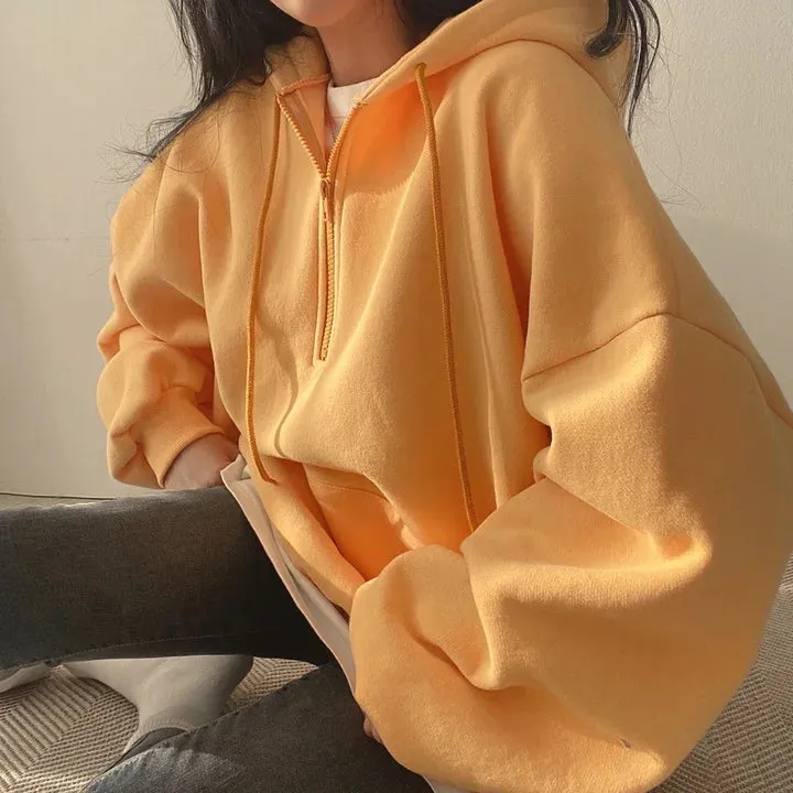Women Hoodie Loose Oversized Solid Color Half Zip Up Hoodie Sweatshirt Harajuku Female Casual Long Sleeve Pocket Hooded Pullover