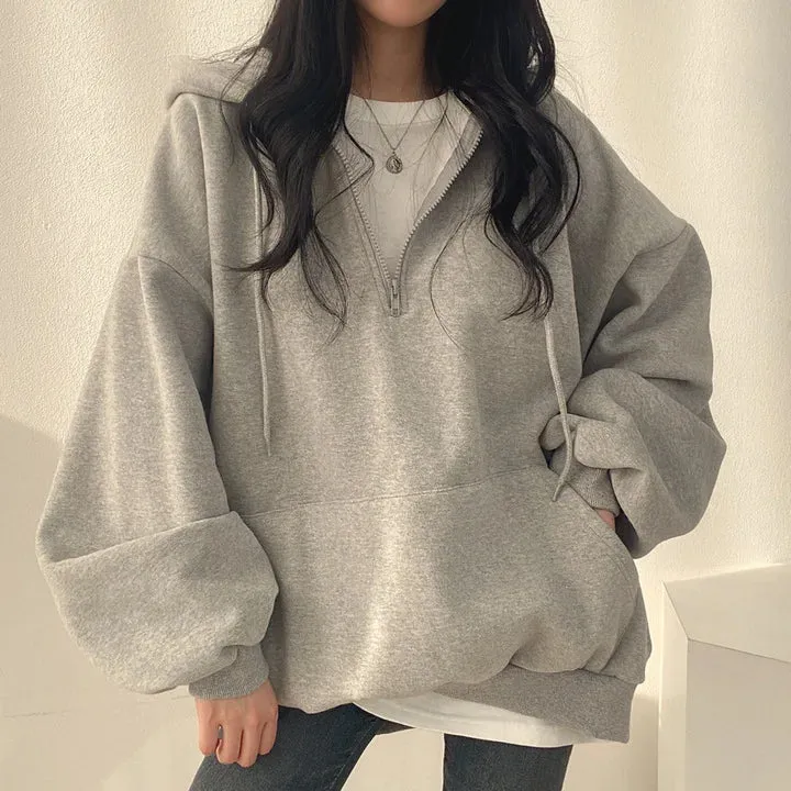 Women Hoodie Loose Oversized Solid Color Half Zip Up Hoodie Sweatshirt Harajuku Female Casual Long Sleeve Pocket Hooded Pullover