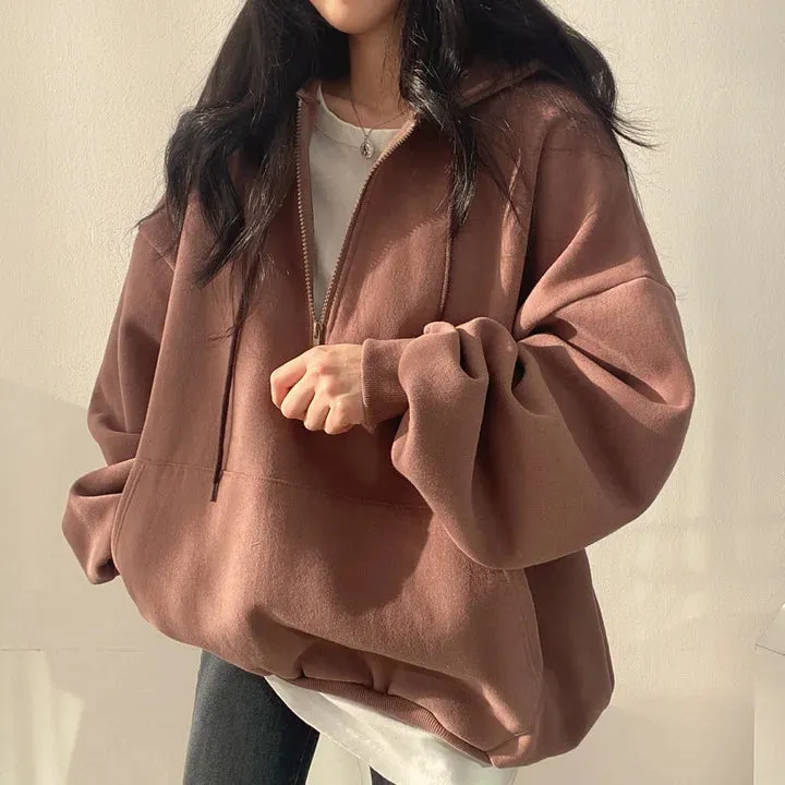 Women Hoodie Loose Oversized Solid Color Half Zip Up Hoodie Sweatshirt Harajuku Female Casual Long Sleeve Pocket Hooded Pullover