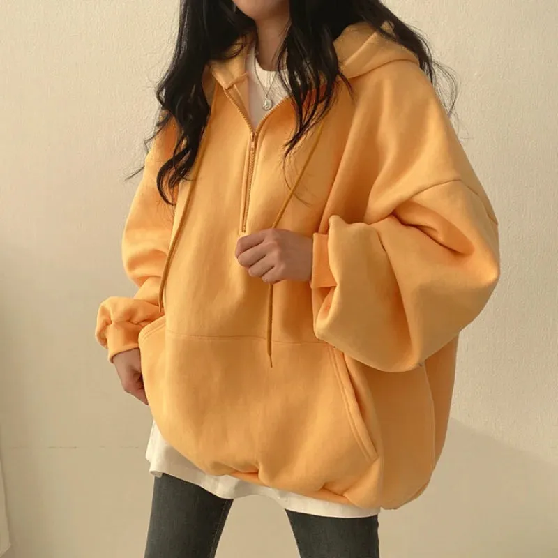 Women Hoodie Loose Oversized Solid Color Half Zip Up Hoodie Sweatshirt Harajuku Female Casual Long Sleeve Pocket Hooded Pullover