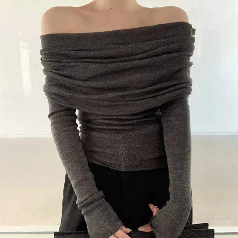 Women Off Shoulder Slash Neck Sweater Long Sleeve Knitwear Solid Thin Pullovers Office Lady Elegant Tops Women Fall Winter