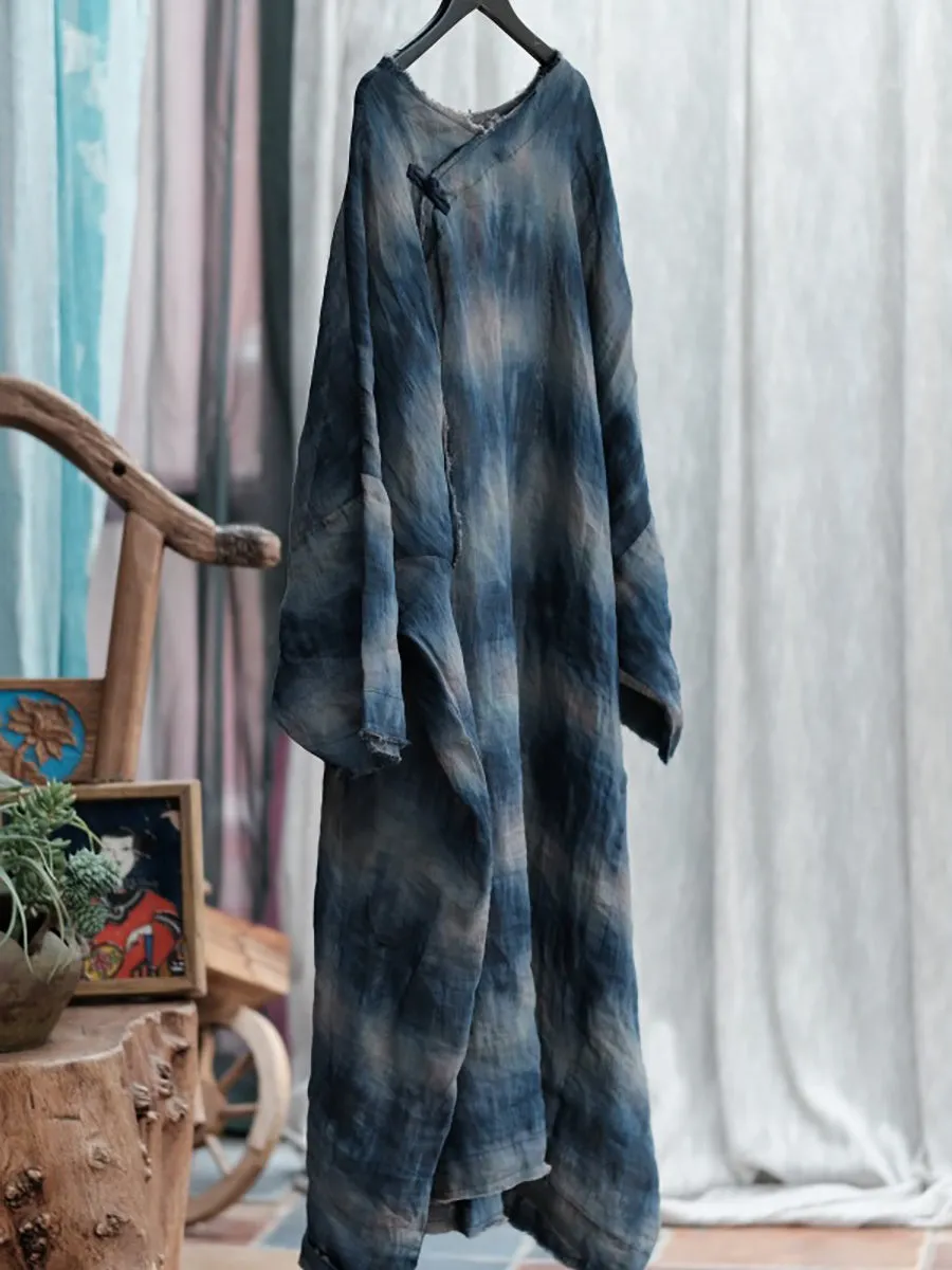 Women Summer Retro Print O-Neck Ramie Dress