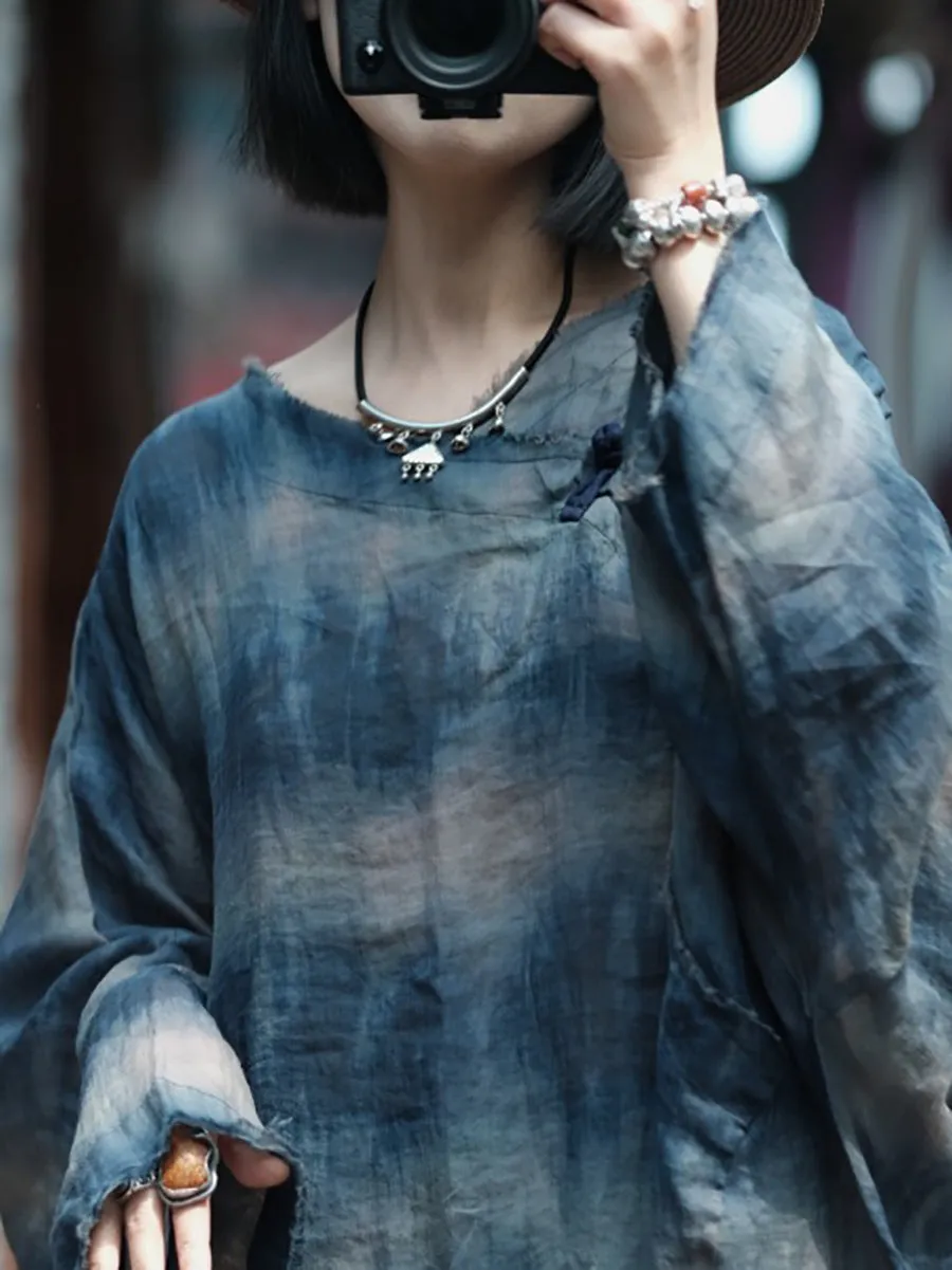 Women Summer Retro Print O-Neck Ramie Dress