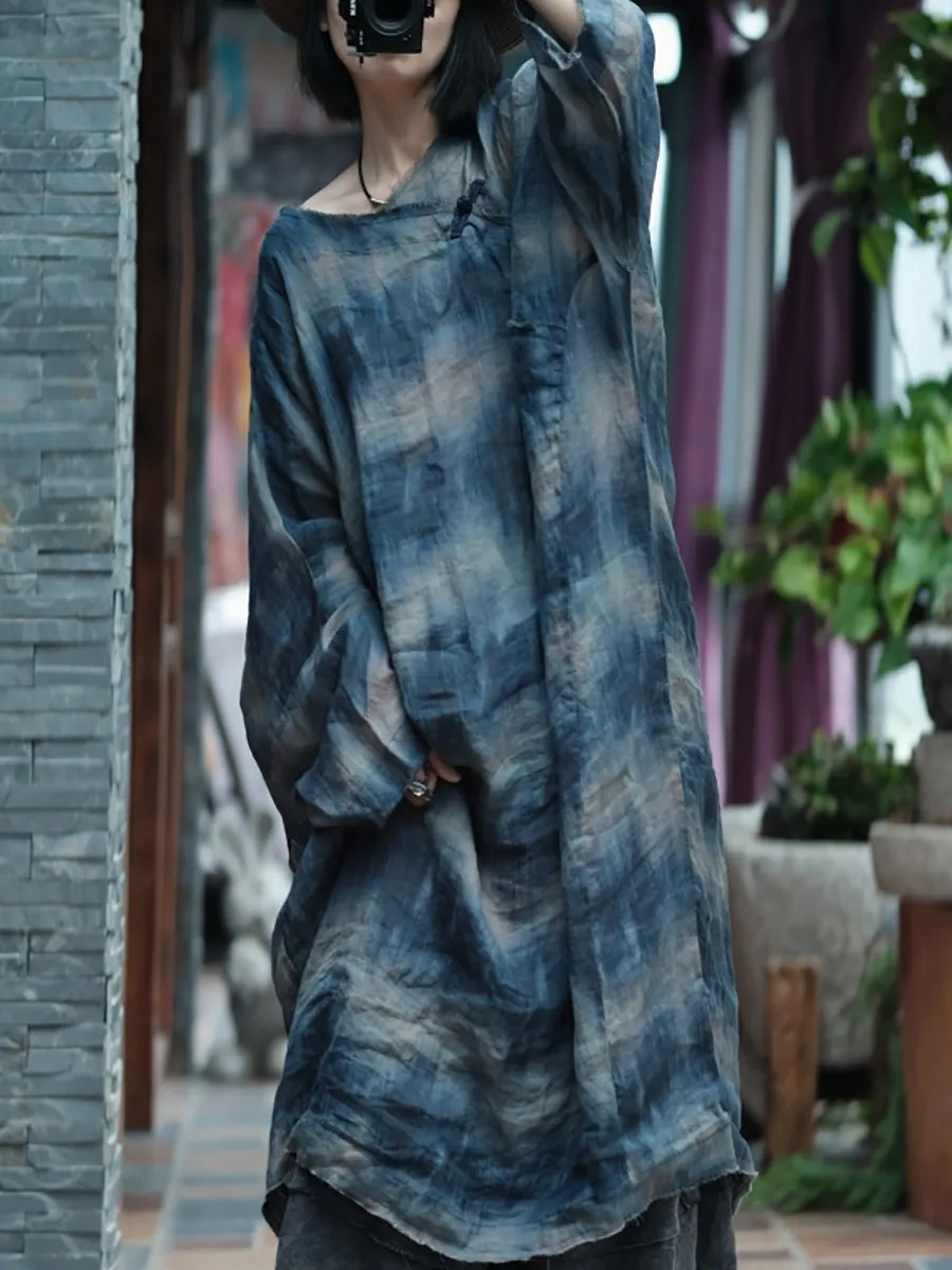 Women Summer Retro Print O-Neck Ramie Dress