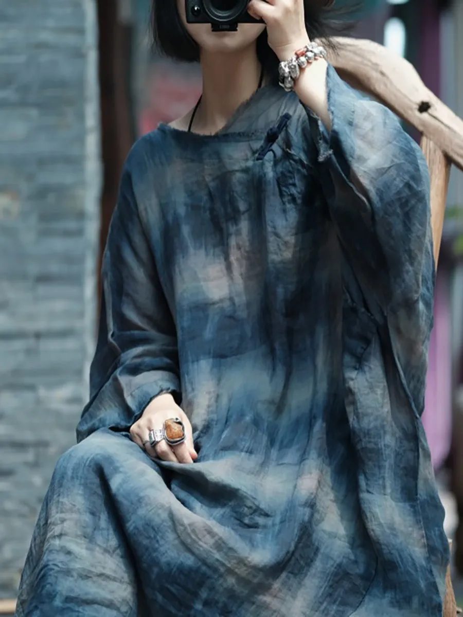 Women Summer Retro Print O-Neck Ramie Dress