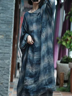 Women Summer Retro Print O-Neck Ramie Dress