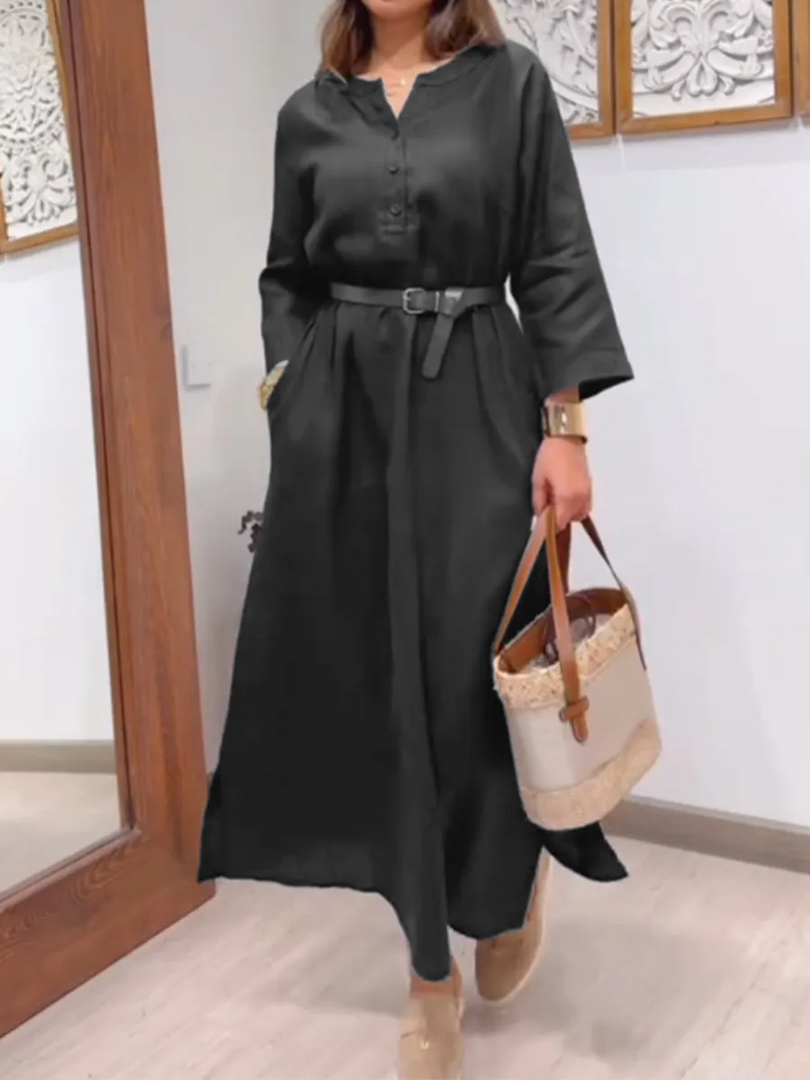 Women's Casual Cotton and Linen Pocket Dress