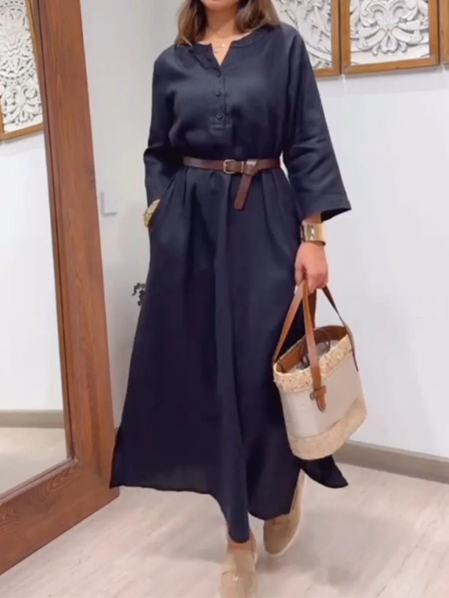 Women's Casual Cotton and Linen Pocket Dress
