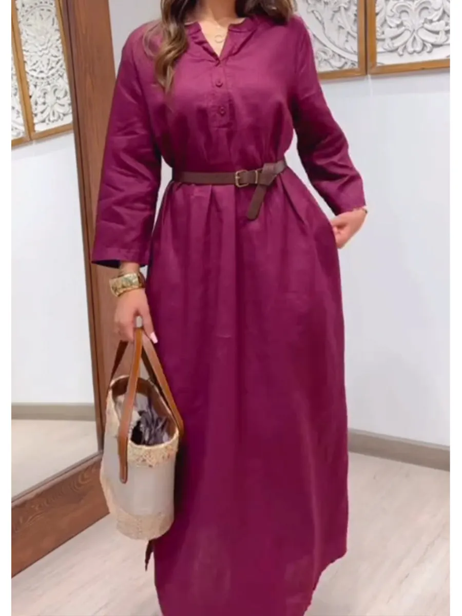 Women's Casual Cotton and Linen Pocket Dress
