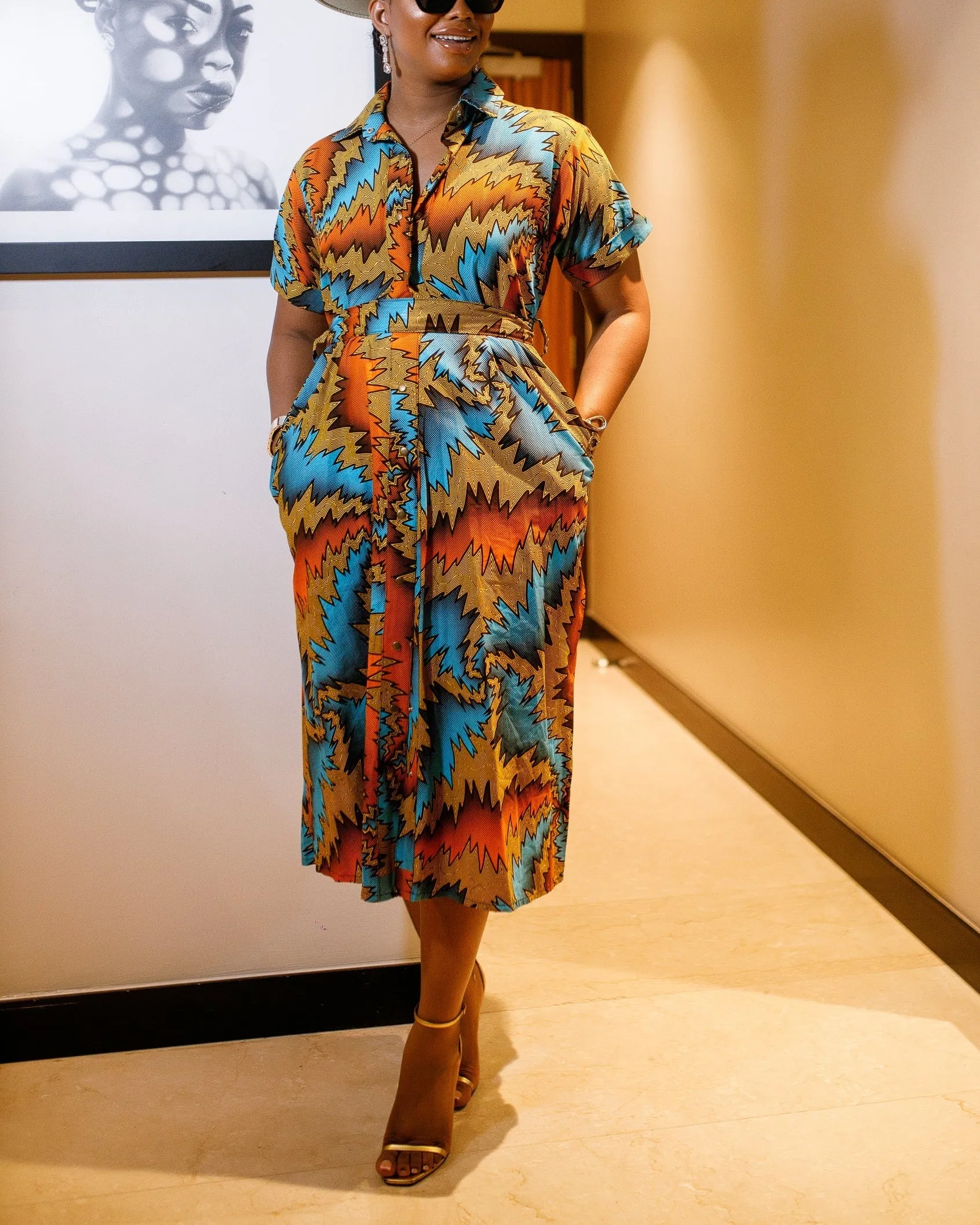 Women's Casual Print Button Midi Dress
