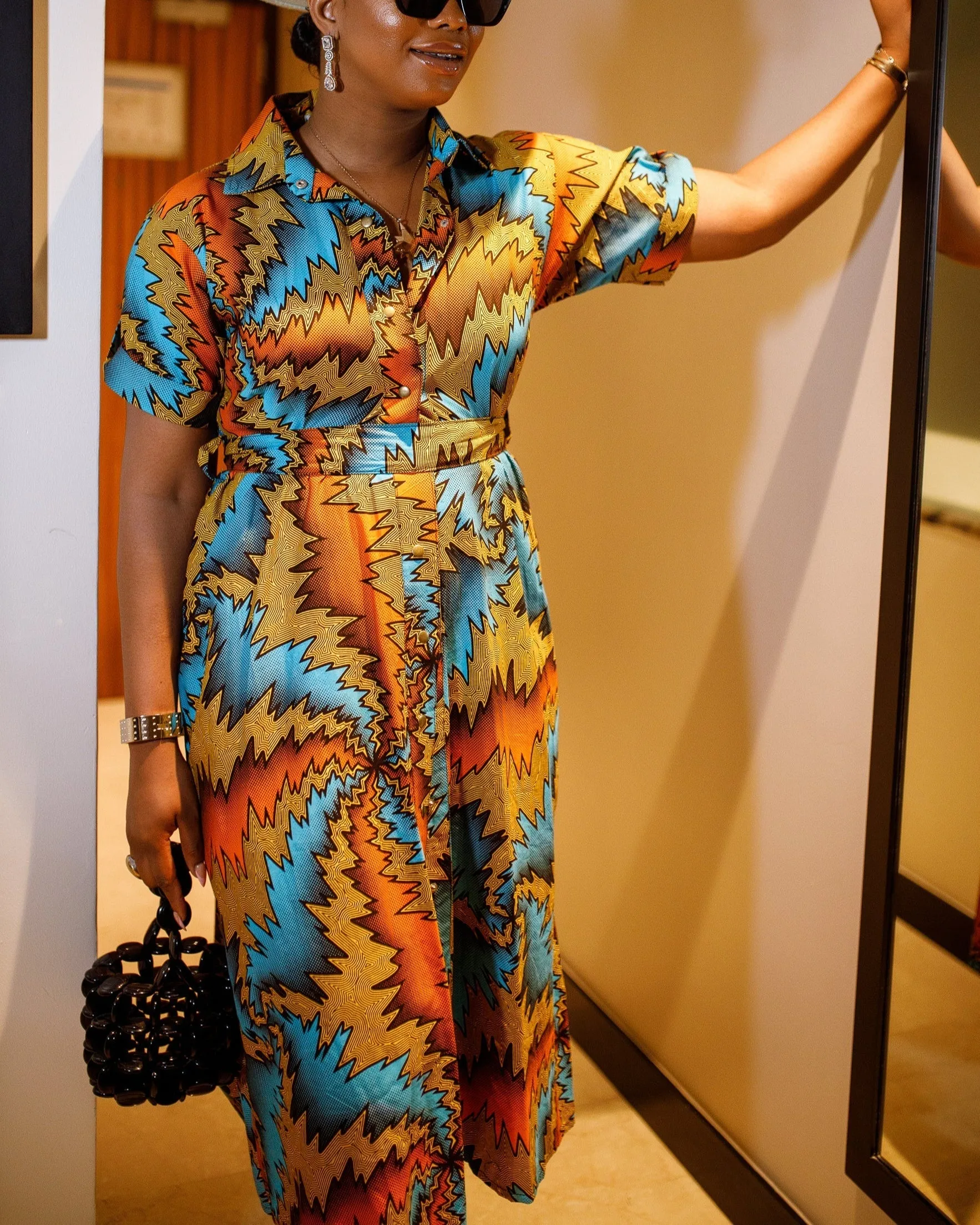 Women's Casual Print Button Midi Dress