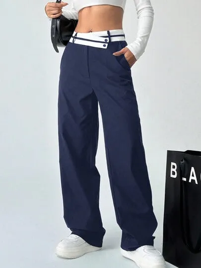 Women’s Color Block Asymmetrical Waist Straight-Leg Pants with Pockets | Casual Style