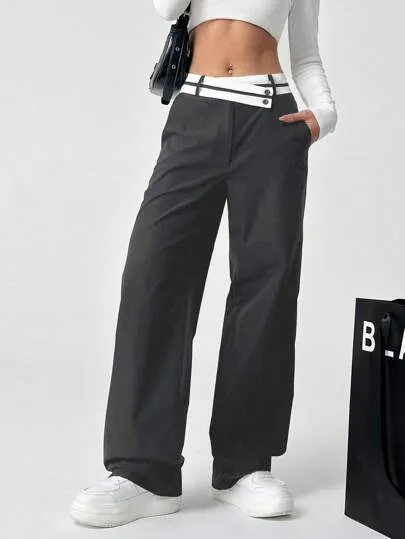 Women’s Color Block Asymmetrical Waist Straight-Leg Pants with Pockets | Casual Style
