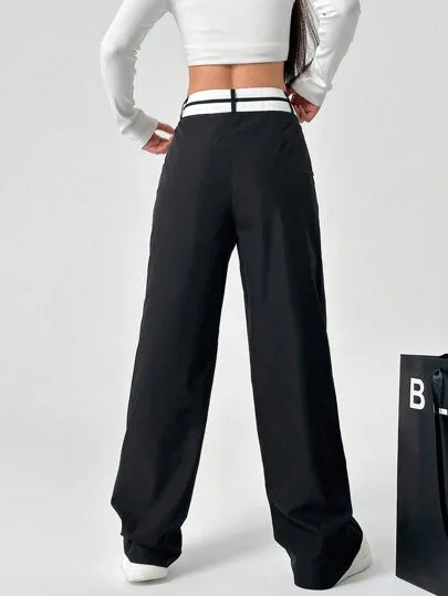 Women’s Color Block Asymmetrical Waist Straight-Leg Pants with Pockets | Casual Style
