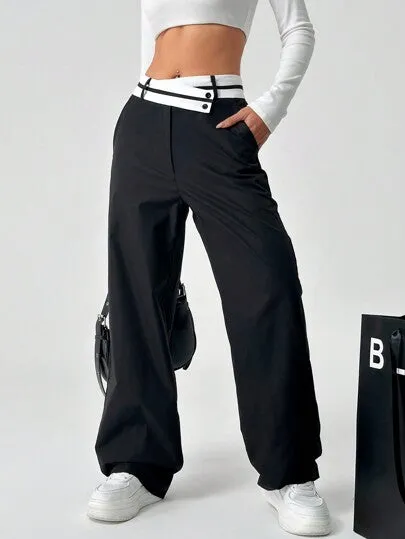 Women’s Color Block Asymmetrical Waist Straight-Leg Pants with Pockets | Casual Style