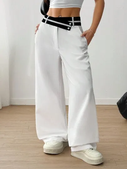 Women’s Color Block Asymmetrical Waist Straight-Leg Pants with Pockets | Casual Style