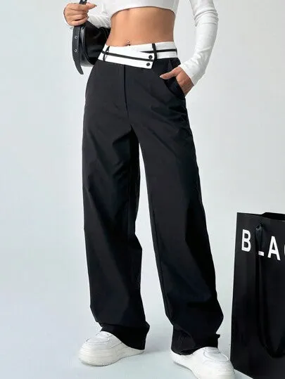 Women’s Color Block Asymmetrical Waist Straight-Leg Pants with Pockets | Casual Style