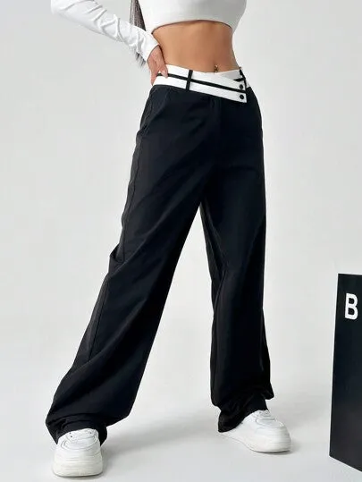 Women’s Color Block Asymmetrical Waist Straight-Leg Pants with Pockets | Casual Style