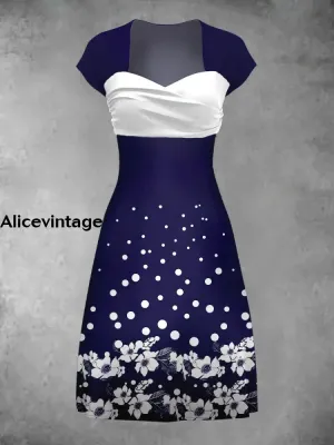 Women's Elegant Floral Art Print Short Sleeve Casual Vintage Midi Dress
