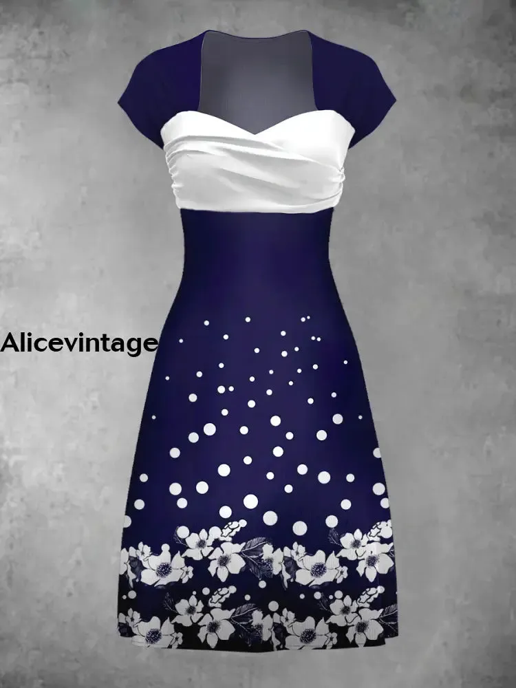 Women's Elegant Floral Art Print Short Sleeve Casual Vintage Midi Dress