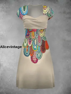 Women's Elegant Vintage Art Pattern Short Sleeve Casual Midi Dress