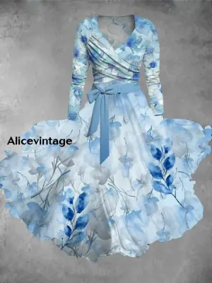 Women's Fashion Elegant Art Floral Print Long-Sleeved V-Neck Midi Dress