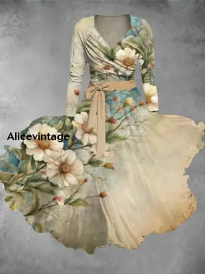 Women's Fashion Elegant Art Floral Print Long-Sleeved V-Neck Midi Dress