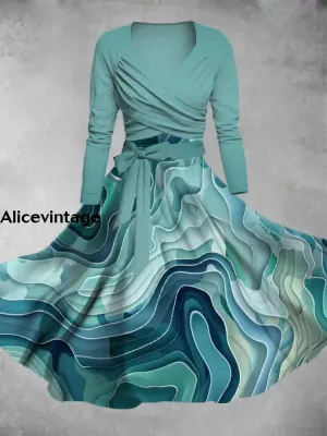 Women's Fashion Elegant Art Print V-Neck Long Sleeve Tie Midi Dress