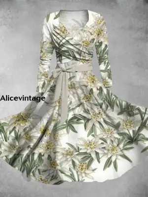 Women's Fashion Elegant Artistic Floral Print V-Neck Long Sleeve Lace-Up Midi Dress