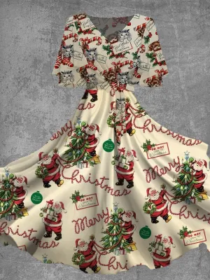 Women's Fashion Elegant Christmas Art Print V-Neck Short Sleeve Midi Dress