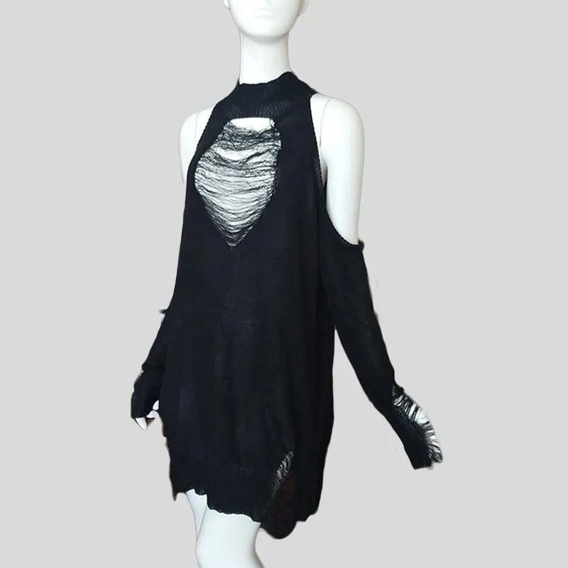 Women's Off Shoulder Black Gothic Long Sweater / Sexy Hollow Out Cool Knit Pullover