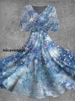 Women's Stylish And Elegant Christmas Art Print V-Neck Short-Sleeved Bat Sleeve Mid-Length Dress