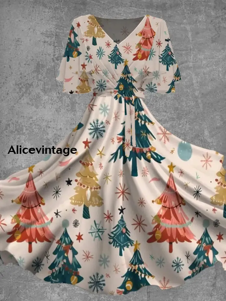 Women's Stylish And Elegant Christmas Art Print V-Neck Short-Sleeved Bat Sleeve Mid-Length Dress