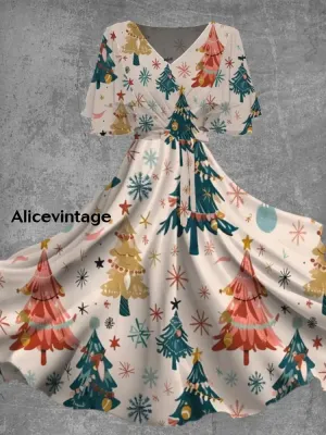 Women's Stylish And Elegant Christmas Art Print V-Neck Short-Sleeved Bat Sleeve Mid-Length Dress