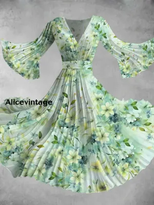 Women's Stylish Elegant Art Floral Print V-Neck Flared Sleeve Midi Dress