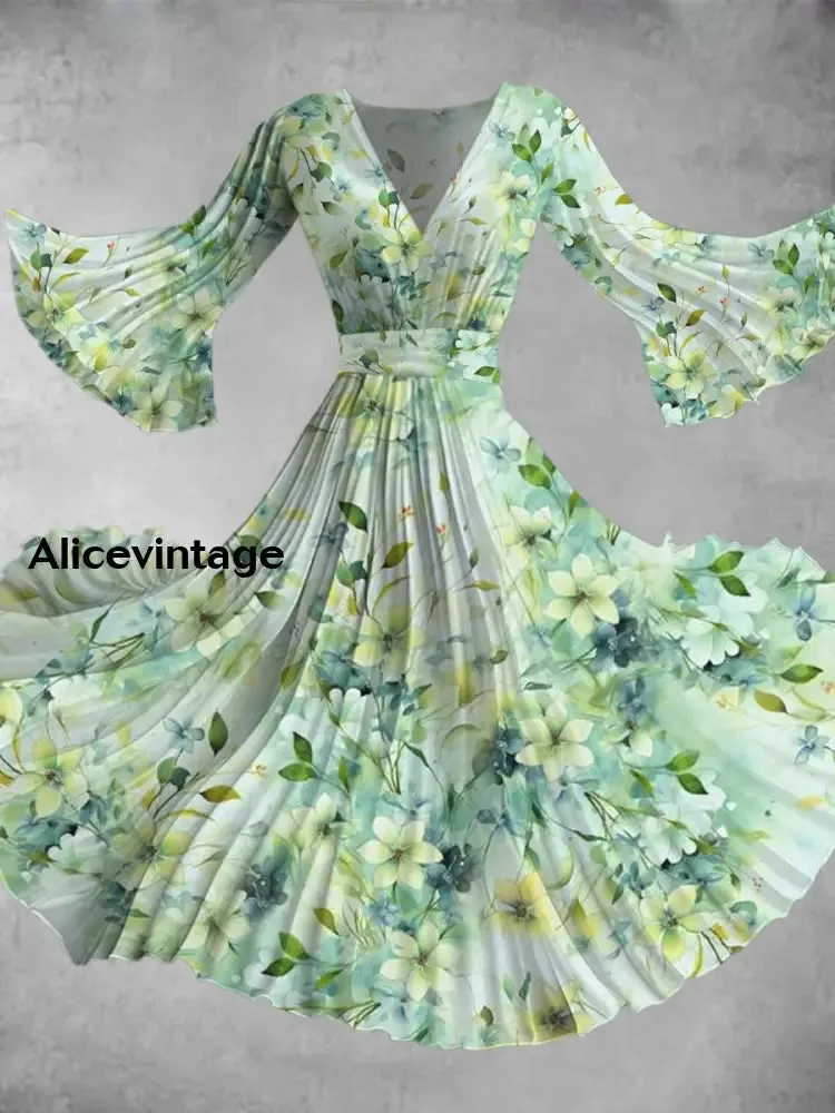 Women's Stylish Elegant Art Floral Print V-Neck Flared Sleeve Midi Dress