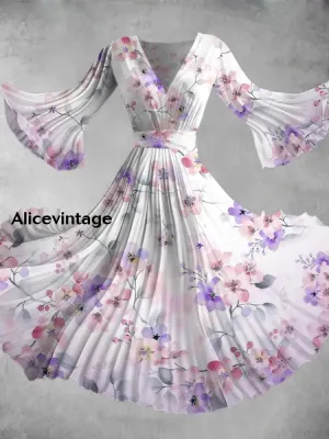 Women's Stylish Elegant Art Floral Print V-Neck Flared Sleeve Midi Dress