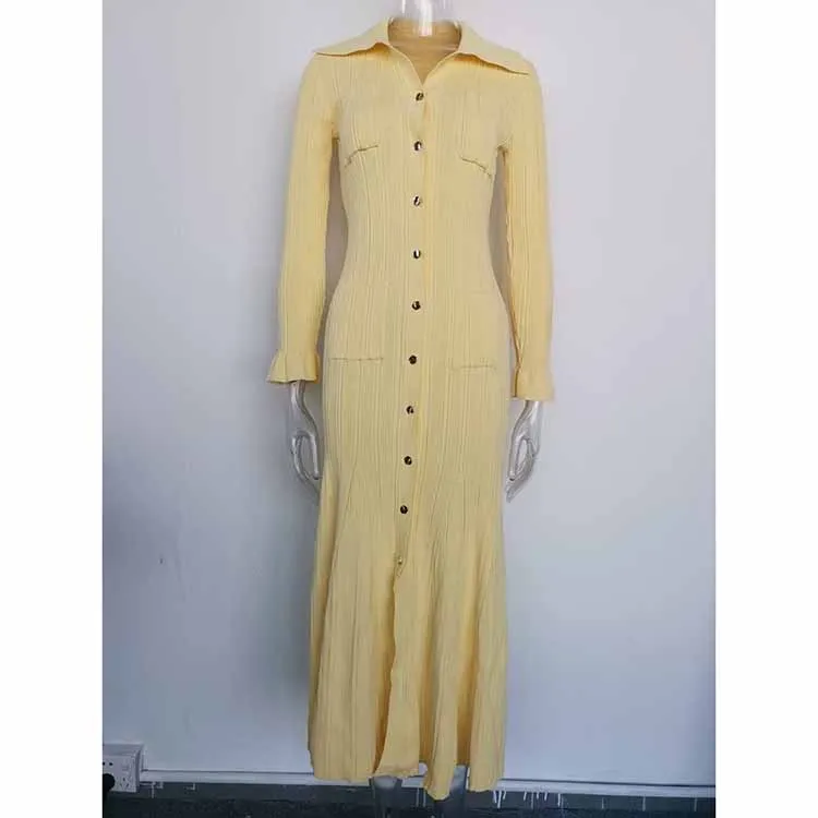 Yellow Midi Dress Ribbed-knit Long Sleeved Dress With Pockets