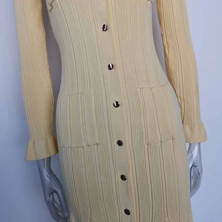Yellow Midi Dress Ribbed-knit Long Sleeved Dress With Pockets