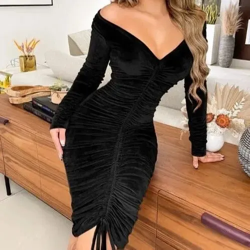 Zoe Velvet Off Shoulder Drawstring Ruched Bodycon Midi Dress
