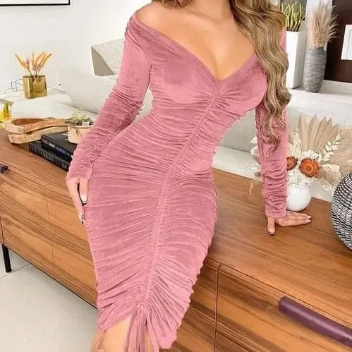 Zoe Velvet Off Shoulder Drawstring Ruched Bodycon Midi Dress