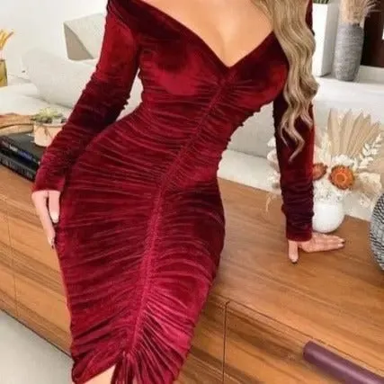 Zoe Velvet Off Shoulder Drawstring Ruched Bodycon Midi Dress